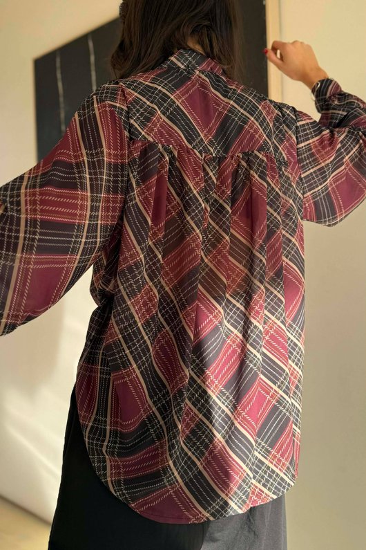 Ainsley Plaid Chiffon Blouse Burgundy